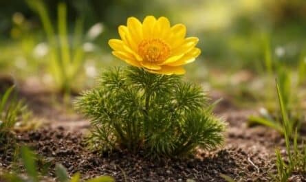 Adonisröschen mit leuchtend gelben Blüten im Frühlingsgarten